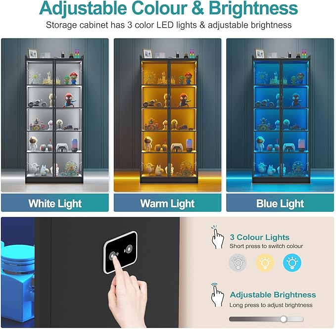 Lvifur 5 Tier Display Cabinet for Living Room, LED Bookcase with Human Body Induction Lights, 65” Tall Curio Cabinets with Adjustable Shelves for Office (Black)