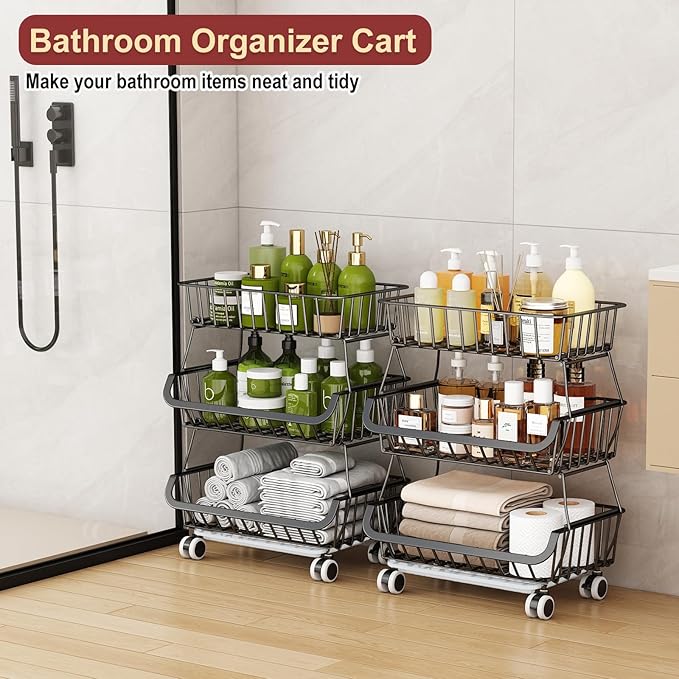 Miyawell 3-Tier Rolling Pantry Cart with Wheels, Stackable Wire Storage Floor Organizer for Kitchen Pantry Snack Shelves, Fruit Basket Stand, Vegetable Storage Rack for Food Snacks Onion Potato