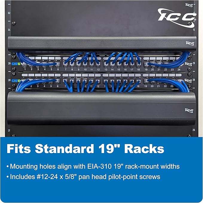 ICC 2U Ring Cable Manager Panel with Cover, Plastic with Metal Back Frame, 4" D-Rings, Horizontal Cable Management, Rackmount for 19” Network Racks, Black, 6-Pack