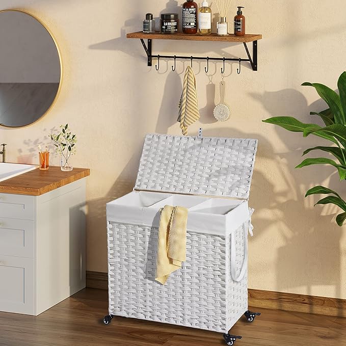 Greenstell Laundry Hamper with Wheels&Lid,130L Large 3 Sections Clothes Hamper with 2 Types Removable Liner Bags, 5 Mesh Laundry Bags, Handwoven Divided Laundry Basket White