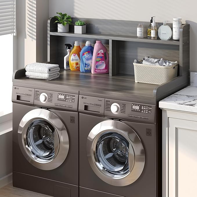2-Tier Washer Dryer Countertop, 18.5" Raised Height Laundry Countertop with Edge Rails and Non-Slip Pad, 54"W x 27.55"D Washer and Dryer Topper for Laundry Room Storage Organization (Stripe Gray)