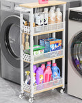 Giwil 4-Tier Slim Rolling Storage Cart for Kitchen Bathroom Organizer, Mobile Narrow Storage Cabinet Utility Cart with Wood Rack on Wheels for Pantry Laundry Small Space, White