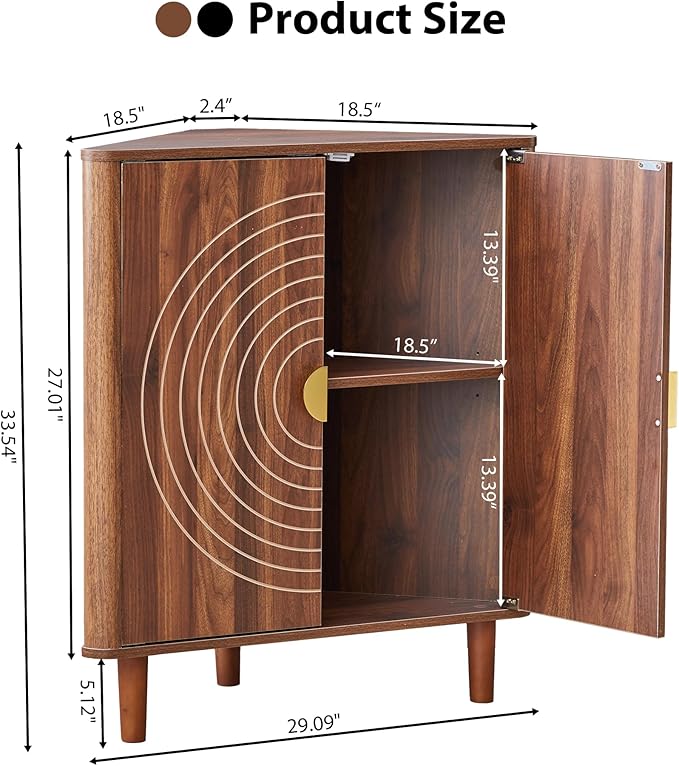 Small Corner Storage Cabinet, Modern Freestanding Floor Cabinet with Magnetic Door Lock and Adjustable Shelves, Small Space Corner Table for Bathroom, Kitchen, Dining Table, Living Room, Walnut