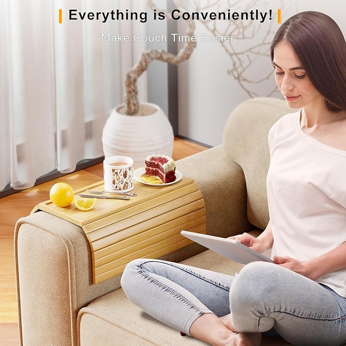 Bamboo Sofa Arm Rest Tray Table for Couch - 2-in-1 Couch Arm Table with Be Slide Detachable Tray - Anti-Slip Foldable Sofa Armchair Caddy for Drinks Cup Cellphone TV Remote Snacks (Bamboo)