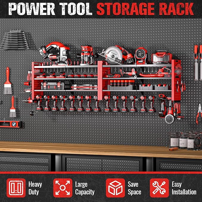 66" W Super Large Power Tool Organizer Wall Mount,Heavy Duty Cordless Tool Organizer with 18 Drill Holder,600 Lbs Capacity 4-Layer Garage Organization for Garage and Workshop (Red)