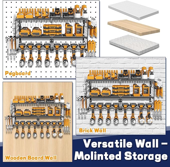 Power Tool Organizer Wall Mount, 300Lbs Load 3 Layer Heavy Duty Metal Tool Shelf with 8 Drill Holders, Garage Workshop Storage for Cordless Tools Batteries Screwdrivers(Black)