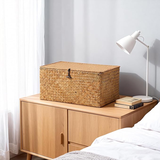 Nonam Seagrass Storage Large Basket with Lid Set of 3,Wicker Basket Storage Bin with Lid for Shelves,Boho Decor,Handwoven Shelf Basket for Organizing-Storage Container Box for Home Organization