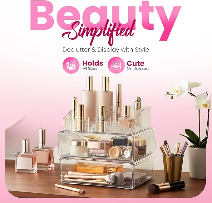 Clear Makeup Organizer - Acrylic Cosmetic Vanity Storage Organizers for Girls Dresser, Bathroom, Desk Counter - Plastic Make Up Holder, Jewelry Box (2-Drawer | Multi Compartments)