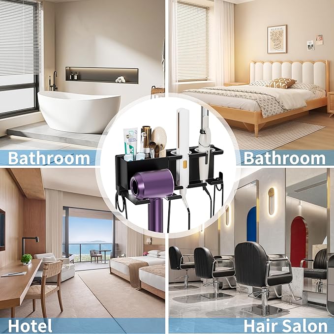 Hair Dryer Holder Wall Mounted, Metal Hair Tools Organizer, Hair Dryer Holder for Blow Dryer, Curling Iron, Straightener, Bathroom Hair Accessories Tools Organizer, Black