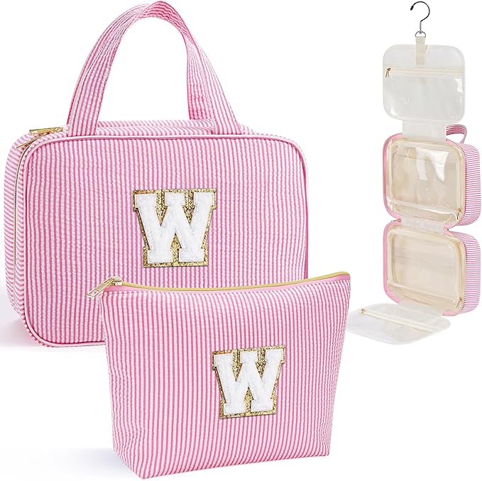 YOOLIFE Hanging Toiletry Bag for Women - Travel Toiletry Bag Makeup Bag, Portable Toiletries Cosmetic Bag, Airplane Travel Essentials - Letter W, Pink