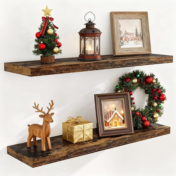 Fun Memories 40 Inch Floating Shelvese, 40" W x 9.3" D Floating Shelf Set of 2, Farmhouse Wood Wall Shelves for Bedroom, Kitchen, Wall Mounted Deep Shelving for Home Decor, Rustic Brown Color