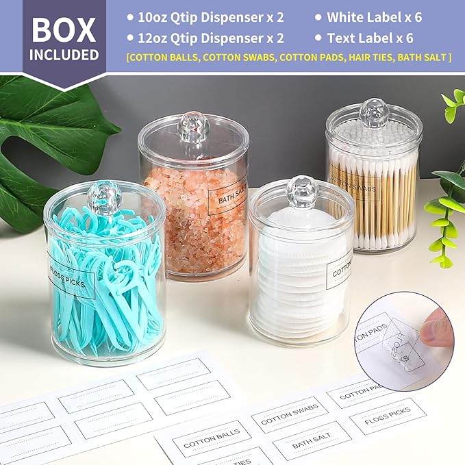 ME.FAN Qtip Holder Dispenser - 4 Pack 10oz, 12oz Clear Plastic Apothecary Jars Set - Restroom Bathroom Makeup Organizers Containers for Cotton Ball/Swab/Round Pads, Floss, Hair Ties, Bath Salt
