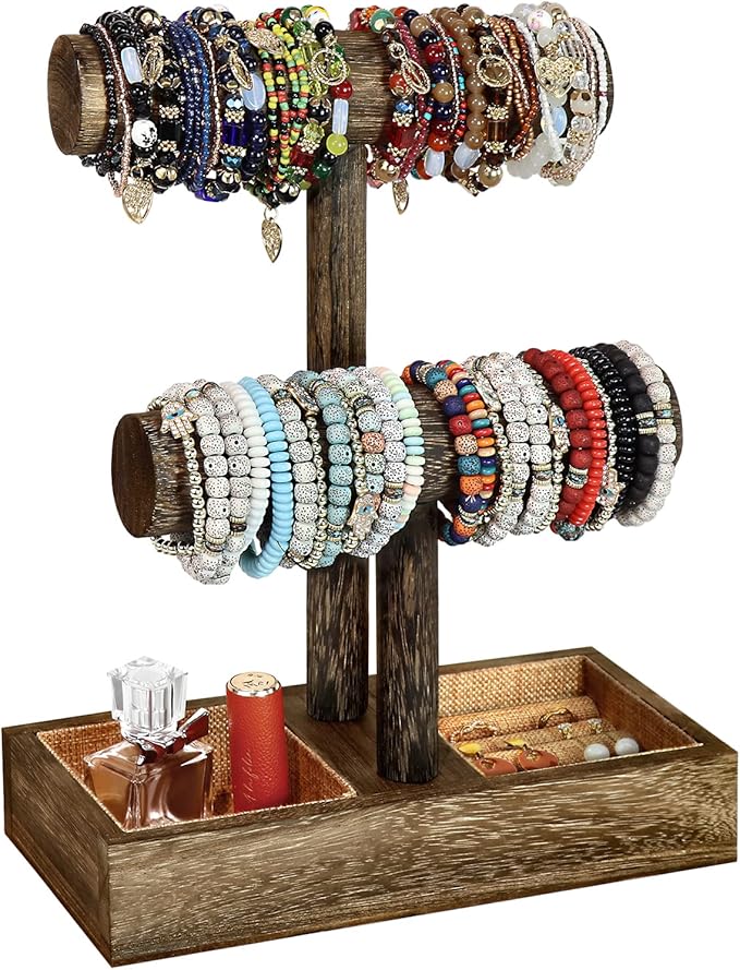 LadyRosian 2 Tier Wooden Display Jewelry Accessory Stand Jewelry Bracelet Holder Bangle Watch Necklace Storage Jewelry Box Organizer, (Brown-2 layers)