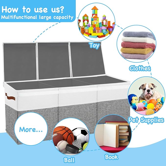 Large Toy Box Chest,Toy Storage Organizer,Storage Bins with Lids,Stuffed Animal Storage,Toy Bins for Kids,Toddlers,Baby,Girls,Nursery,Living room,playroom(Grey)