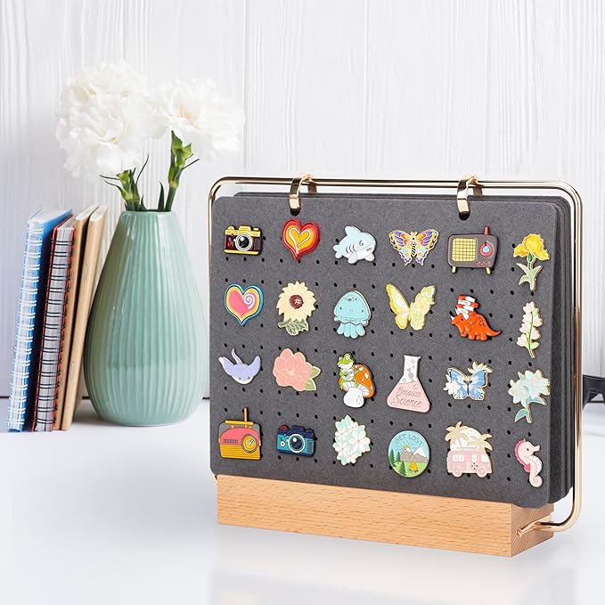 PACMAXI Display Organizers, Brooch Holder, Enamel Pin Pages for Store 180+ Pins, Collection Storage Calendar Wooden Stand With 6 Pages (Not Include Any Accessories) (Grey)