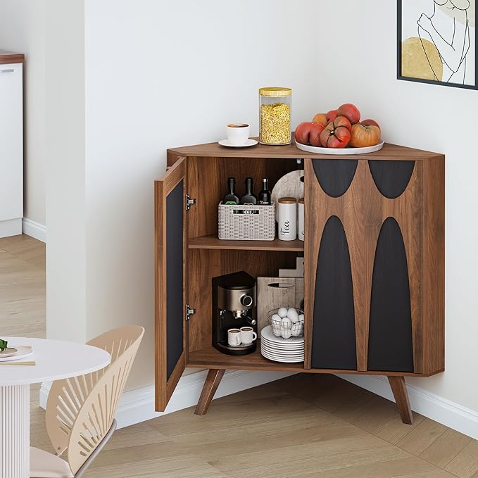 Small Corner Cabinet,Corner Floor Cabinet with Adjustable Doors and Shelve, Freestanding Narrow Storage Organizer for Kitchen Living Room Bathroom (Walnut and Black)