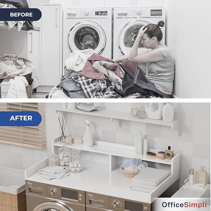 OfficeSimpli Washer Dryer Countertop with Shelf - 27.5 x 54 Inch - Made in USA Laundry Countertop Over Washer and Dryer with Non-Slip Pads, Storage Shelf, Laundry Topper Organizer, Gracier White