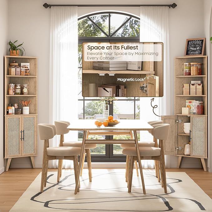 Corner Cabinet with Rattan Doors, Tall Farmhouse Corner Display Shelf with Bottom Storage Cabinet and 3 Adjustable Shelves Home Office Space Saver for Bathroom, Kitchen, Bedroom and Living Room