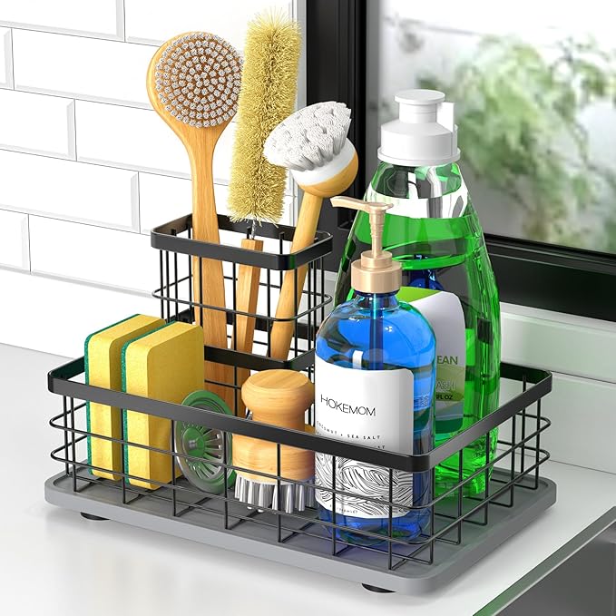 Large Family-Sized Sponge Holder for Kitchen Sink with Brush Holder - Drain-Free Non-Slip Base, 2.6mm Stainless Steel with Black Rust-Resistant Coating-10.24"L x 6.5"W x 5.83"H Sink Organizer