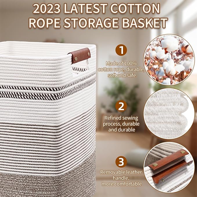 DOFASAYI Laundry Basket - 85L Large Cotton Rope Blanket Basket with Leather Handles, Decorative Storage Hamper, Clothes Hamper for Living Room, Bedroom, Rice Brown & White