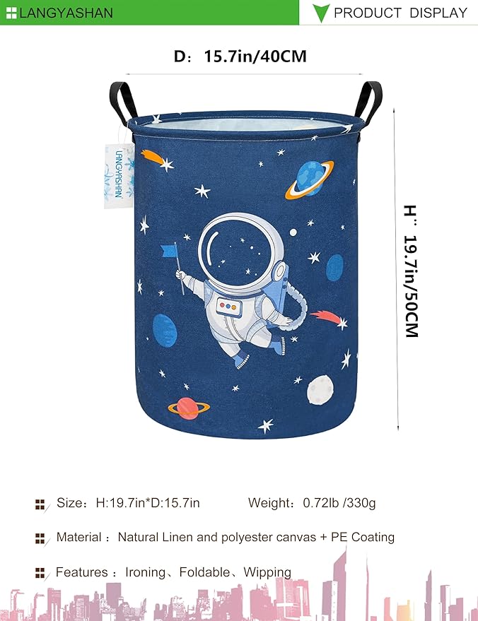LANGYASHAN Laundry Basket Canvas Fabric Collapsible Organizer Basket for Storage Bin Toy Bins Gift Baskets Bedroom Clothes Children Nursery Hamper (Blue Space Astronaut)