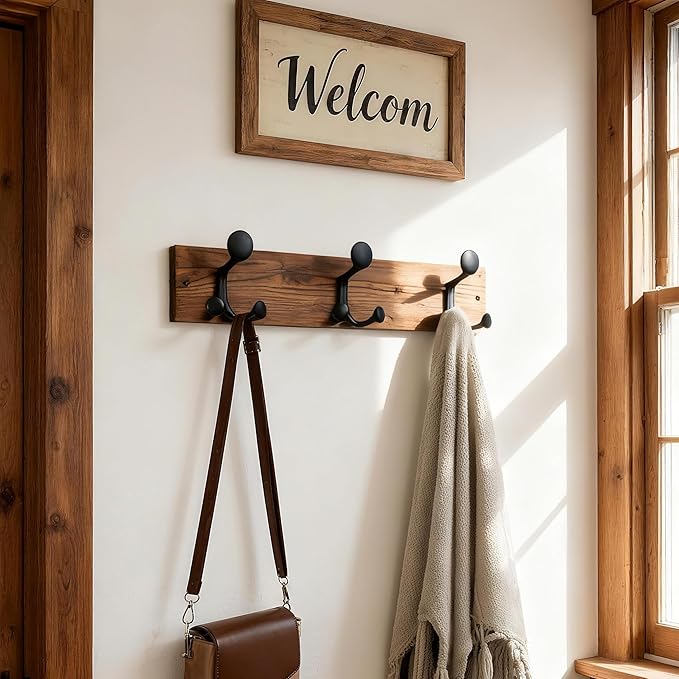 SKOLOO 17-Inch Wood Coat Rack Wall Mount with 3 Triple Hooks - Ideal for Family Entrances, Classrooms, and Pet Supplies Storage - Perfect Coat Hooks for Wall,Charred Golden Brown, Pack of 2