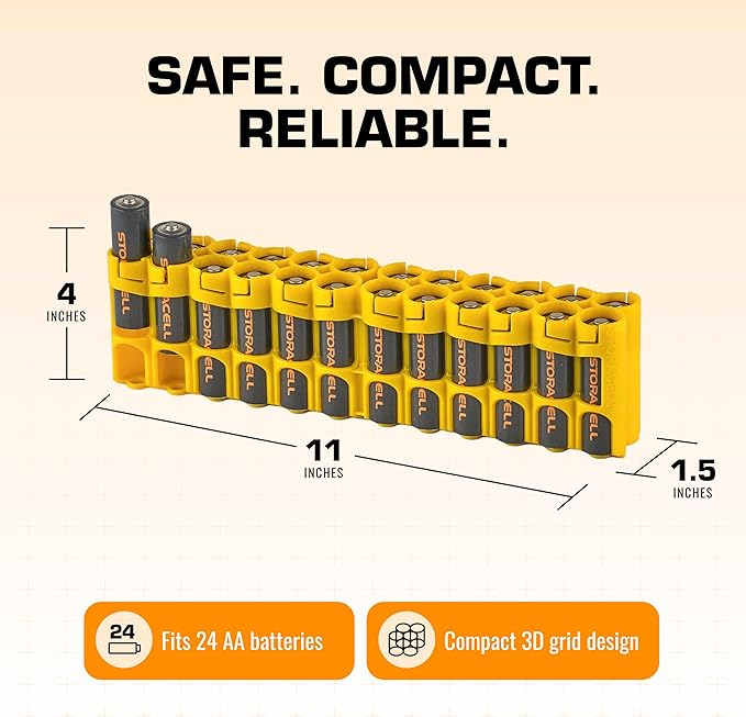 AA Battery Storage Caddy by Storacell, Yellow - Holds 24 Batteries (Not Included)