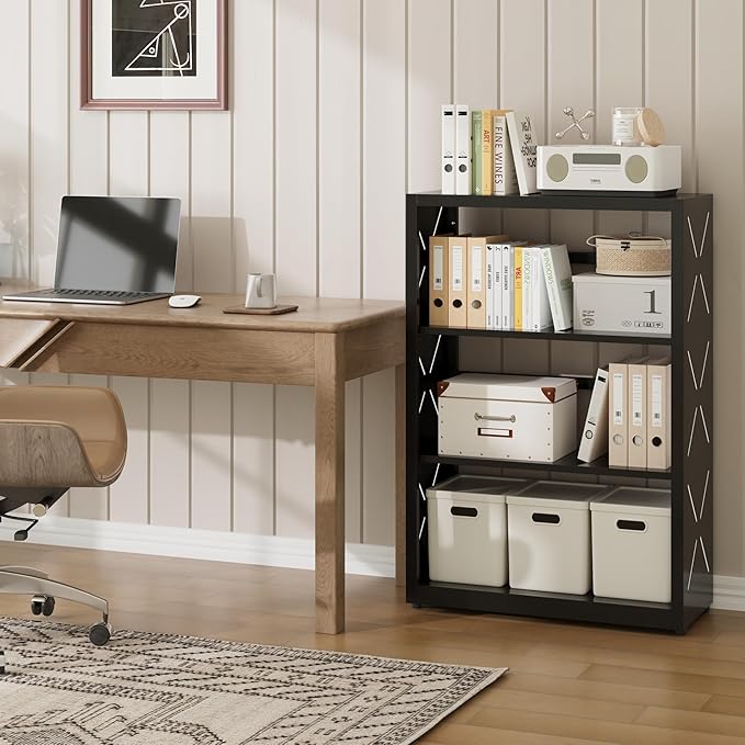 Industrial Bookshelf,3 Tier Bookcase,34" Black Metal Small Bookshelf with Adjustable Feet and Adjustable Shelves,Home Office Bookcase Shelf Storage Organizer for Living Room Kitchen.