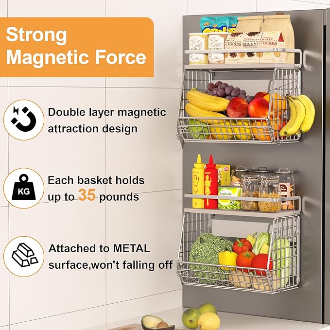 Magnetic Shelf for Fridge,Onion and Potato,Fruit and Vegetable Storage Hanging Basket,Kitchen Counter,RV Laundry Refrigerator Organziers,Magnetic Spice Rack for Refrigerator