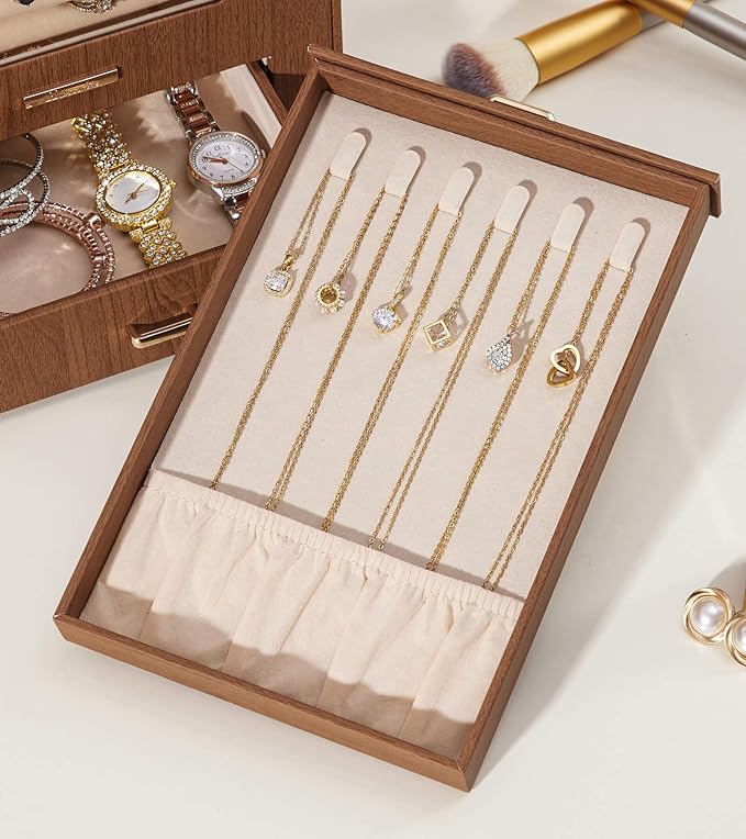 Homde Jewelry Organizer with Transparent Window Necklace Hooks Gift for Women Jewelry Box Display Case for Necklaces Rings Earrings Bracelets and Other Accessories (Brown)