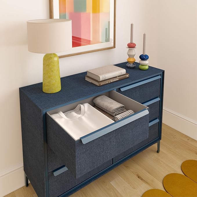 Naima Premium Fabric Dresser - Strong Metal Frame, 6 Spacious Sag-Proof Drawers with Sleek Metal Handles - Premium & Durable Storage Solution for Your Home (Navy)