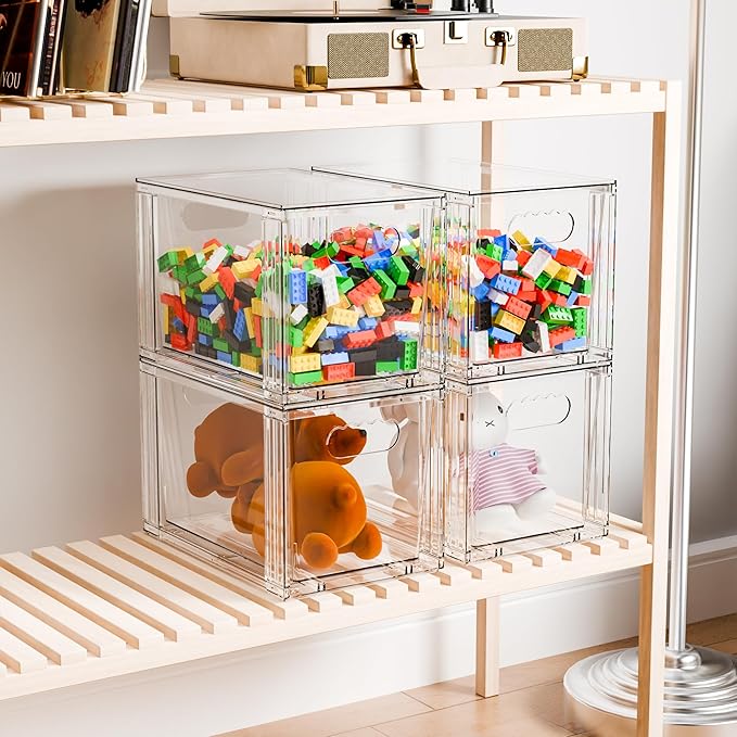 Yieach 4 Pack Large Stackable Storage Drawers,11″Deep Under Cabinet Organizer,Baby Bottle Organizer,Clear Stacking Pull Out Drawer,Acrylic Storage Containers Bins for Organizing Snack,Medicine,Makeup