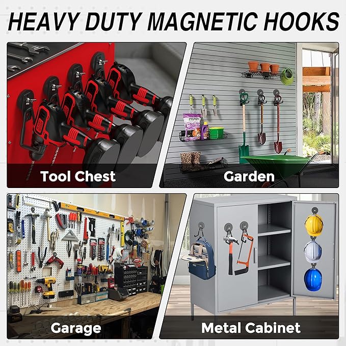 Heavy Duty Storage Magnetic Utility Hooks Large Garage Strong Extra Magnet Hooks Hanger with Anti-Slip Coating Heavy Duty Magnetic Hooks for Hanging Power Dril Garage Garden Tools 2 Pack Black