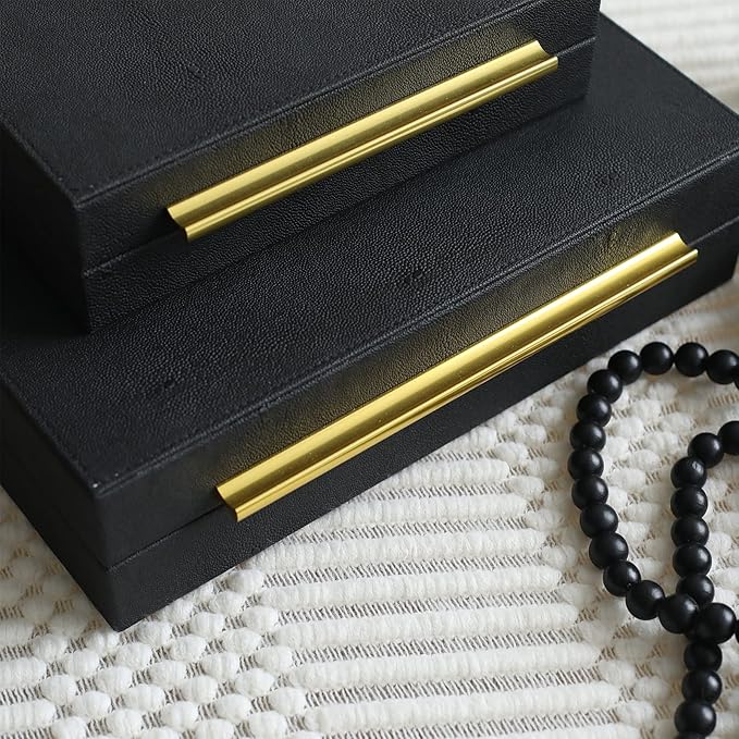Faux Shagreen Leather Jewelry Storage Boxes Set of 3 with Gold Handles, Velvet Lined Stackable Organizer for Women, Vanity, Dresser, Gift, Black