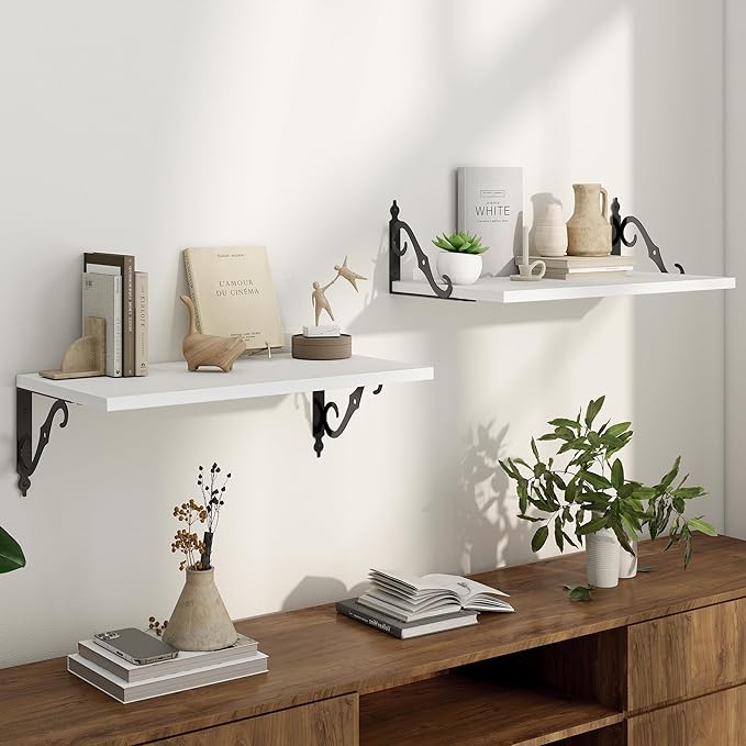 Floating Shelves for Wall, 24"W x 12"D Wall Shelves, 12 Inch Deep Floating Shelf with Bracket, 24 Inch Floating Shelves for Living Room and Bathroom, Display & Storage Shelves, White, Set of 2