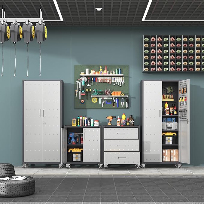 Metal Tool Cabinet,Garage Storage Cabinet System,Wall Cabinet & Locking Rolling Tool Cabinet with Doors and Adjustable Shelves,Steel Tool Cabinets for Home (4 Pcs-StyleA, Black & Grey)