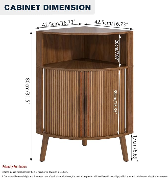 Bathroom Corner Storage Cabinet, 31.5''H Small Floor Corner Cabinet with 2 Fluted Doors and Shelves, Freestanding Narrow Cabinets Organizer for Living Room, Kitchen (Walnut, 31.5''H)