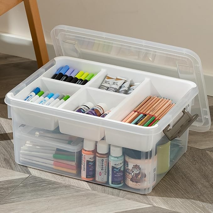 17 Quart Plastic Storage Box with Removable Tray Caddy Clear Art Supply Craft Organizers Playroom Container Organizer with Lid for Bead Crayon Tool Sewing Playdoh