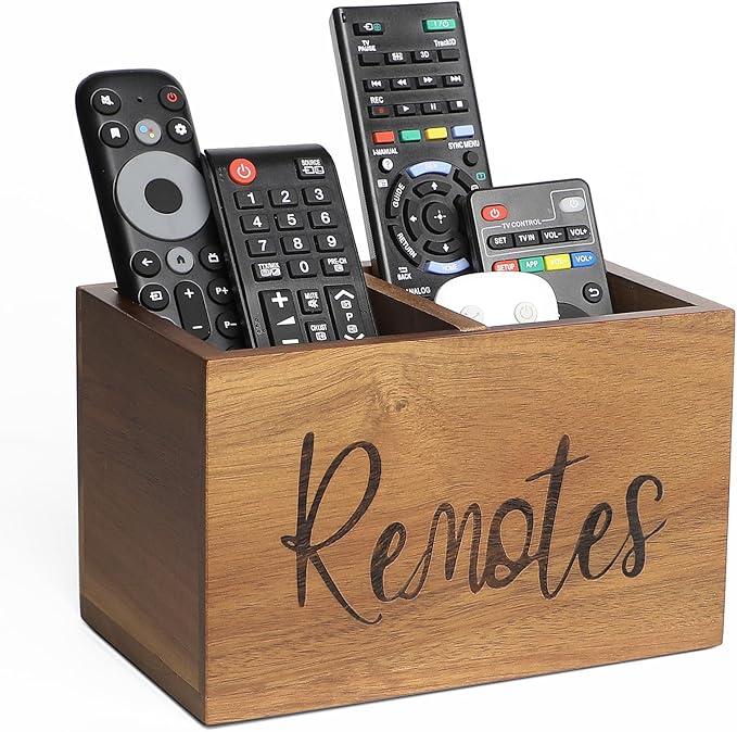 Acacia Wood TV Remote Holder, Caddy and Organizer for Table, Vintage Farmhouse Desk Caddy (Brown, 4+ Remotes)