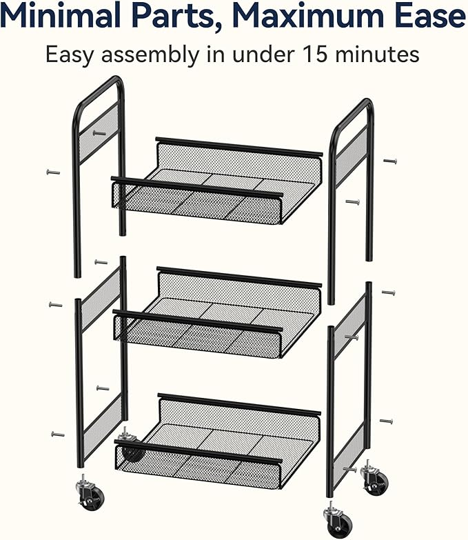 YASONIC 3 Tier Rolling Cart – Metal Utility Storage Carts with Wheels, Craft Cart Organizer with Hanging Cups, Hooks, Mesh Basket for Bedside Kitchen Office Art, Black