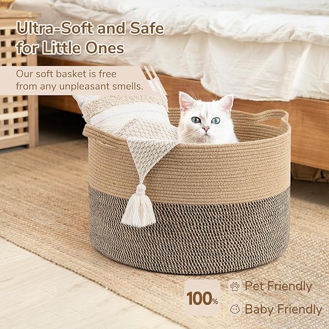 INDRESSME Extra Large Woven Baskets for Storage, 21.7 x 13.8 Blanket Basket Living Room Wicker Storage Basket for Organizing Woven Laundry Baskets for Toy Pillow Shoe, Entryway, Black Jute