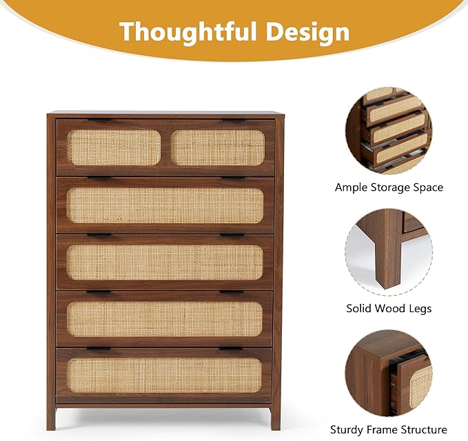 5 Drawer Dresser with Rattan Finish, Modern Farmhouse Chest of Drawers with Metal Handles, Accent Wood Storage Cabinet for Bedroom, Living Room (Walnut)
