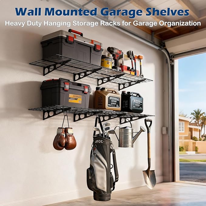 2 Pack 2x6 Ft Garage Wall Shelving, 1400 lbs Heavy Duty Metal Garage Shelf Storage Organization, 24x36 Inch Wall Mounted Floating Shelves x 4, High Capacity with Hooks, Space Saving