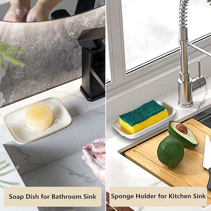Gomakren Soap Dish for Shower, Christmas Ceramic Soap Dishes for Bar Soap Sponge, Shower Soap Holder Saver Tray for Bathroom Kitchen Sink, Easy to Clean, Beige