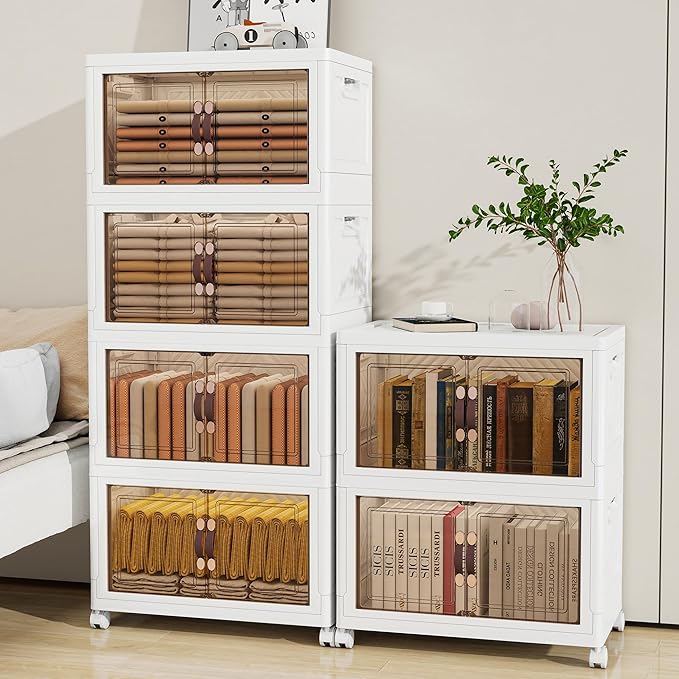 Storage Bins with Lids and Wheels, Collapsible Bathroom Storage Cabinet with Clear Doors, Plastic Stackable Closet Organizers and Storage Containers White 199 QT