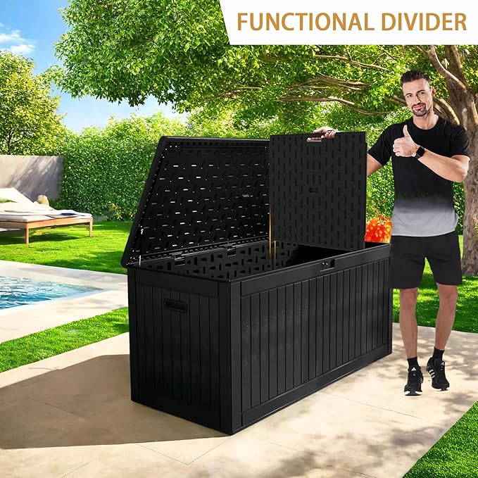 KUIKUI 320 Gallon Deck Box Waterproof, Extra Large Outdoor Storage Box Lockable with Divider and Lifter Prevent Water Seeping into from Floor for Patio Cushions