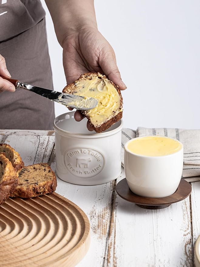 Ceramic Butter Dish With Lid, Butter Crock for Countertop, French Butter Keeper Holder for Spreadable Butter, Cream White
