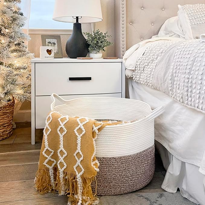 INDRESSME XXXLarge Cotton Rope Basket 21.7" x 21.7" x 13.8" Woven Baby Laundry Blanket Baskets Toy Burr Basket with Handle Storage Comforter Cushions for Christmas Thread Laundry Hamper