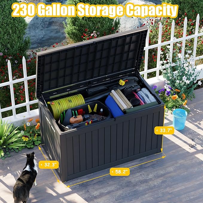280 Gallon Resin Deck Box, Lockable Outdoor Storage Box for Patio Cushions Storage Furniture,Garden Tools, Pool Supplies, Weatherproof and UV Resistant（Black）