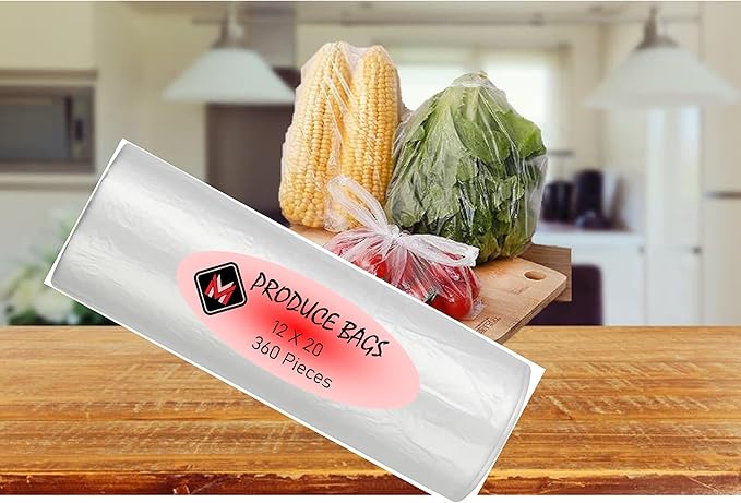 Plastic Produce Bags for Food Storage - 12"x20" Clear Grocery Bag for Fruits, Vegetables, Bread - Easy Peel-Off Design, Continuous Roll, 1.75" Core, Pack of 720 Bags [2 rolls]